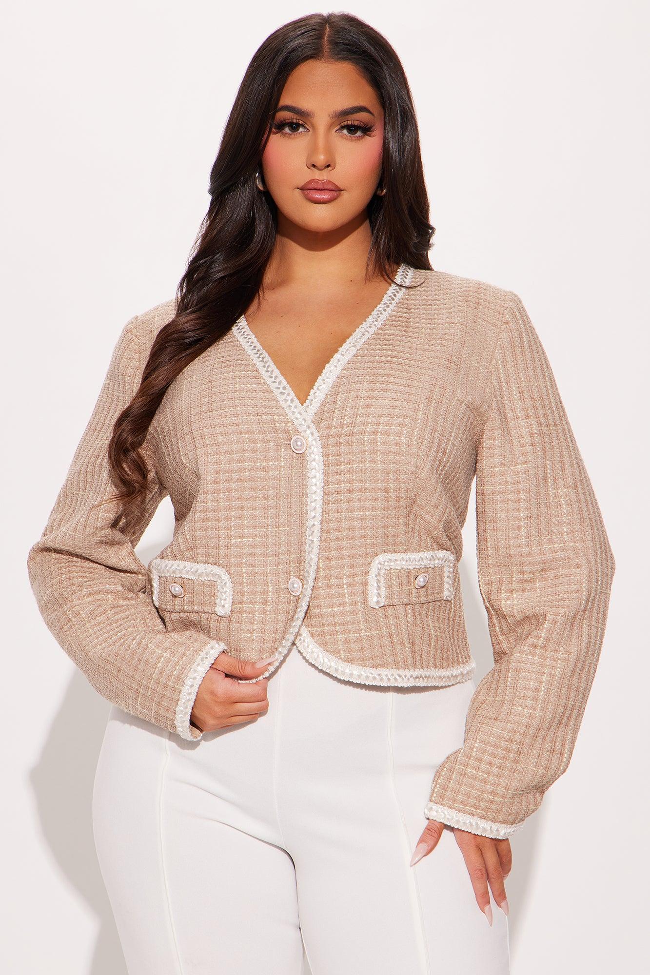 Timeless Beauty Tweed Blazer Top - Taupe/combo Product Image