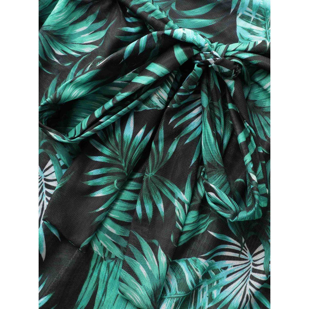 Plus Size Two-Piece Tropical Twist Front Swimsuit,Sarong Women's Swimwear Black Beach Twist Curve Bathing Suits High stretch One Pieces BloomChic 12/L Product Image