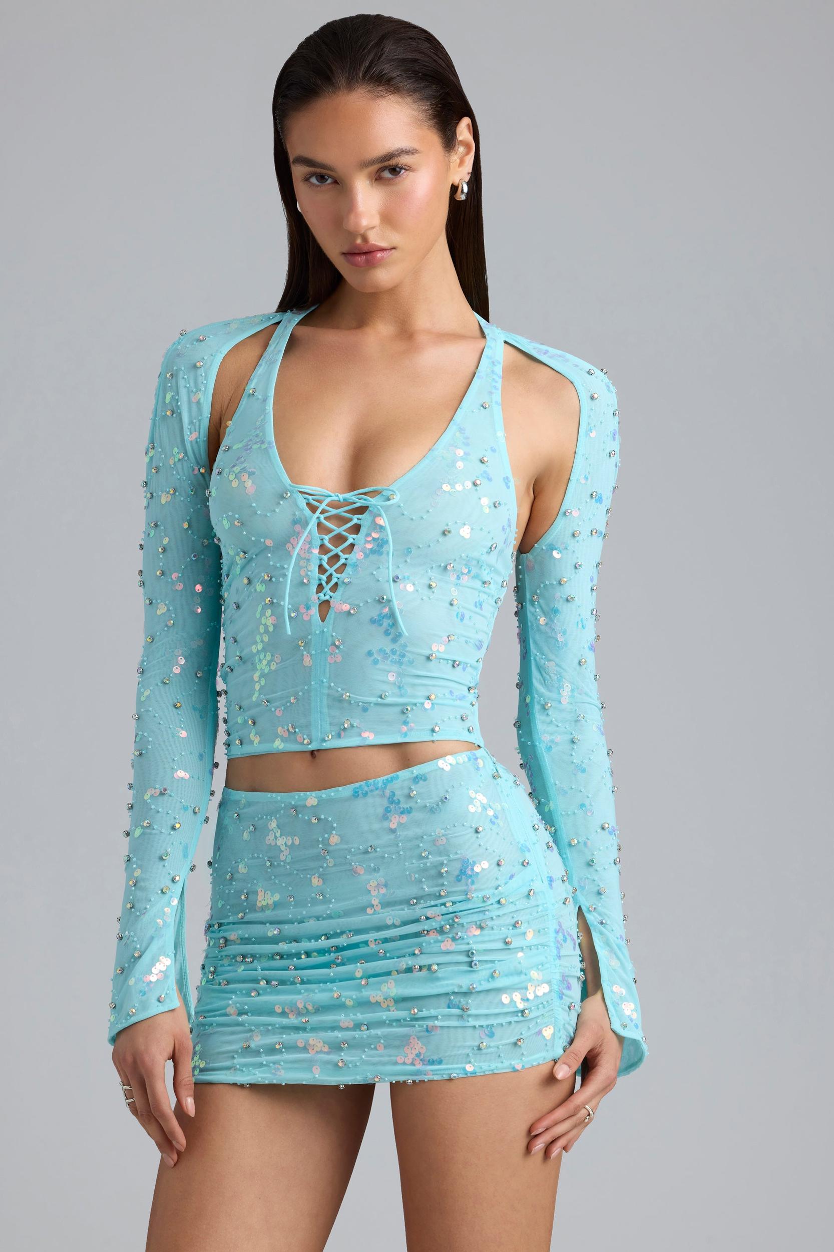 Ruched Mid-Rise Micro Mini Skirt in Ice Blue Product Image