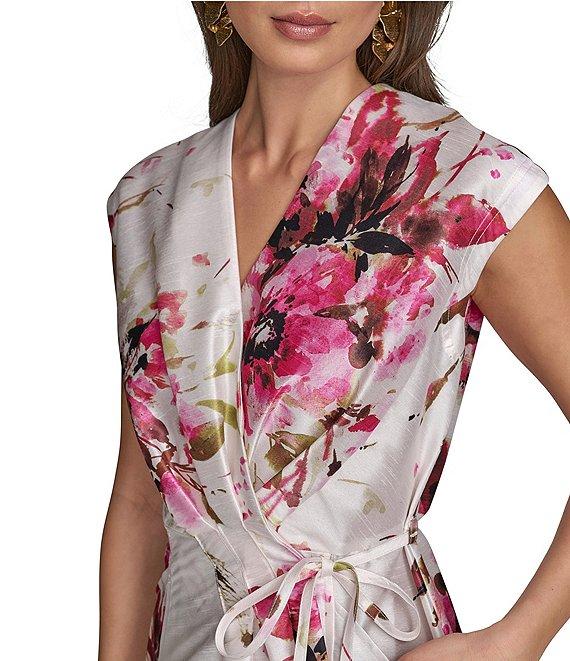 Donna Karan Dupioni V-Neck Cap Sleeve Tie Sash Midi Wrap Dress Product Image