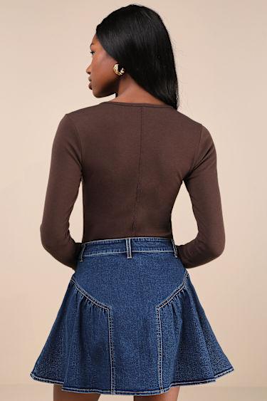 Edgy Affection Dark Wash Denim High-Rise Paneled Mini Skirt Product Image
