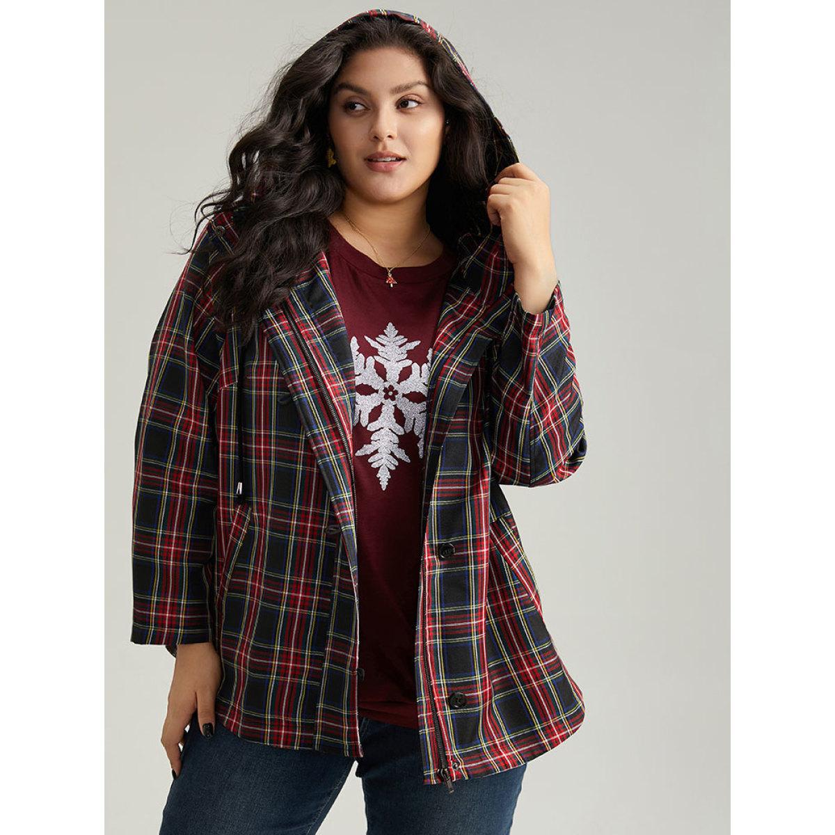 Plus Size Plaid Slant Pocket Hooded Coat Women Multicolor Casual Contrast Ladies Dailywear Winter Coats BloomChic 28/5X Product Image