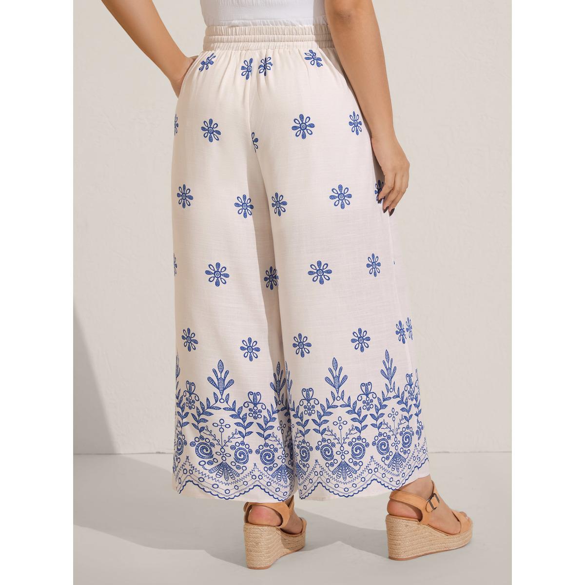 Plus Size Floral Print Wide-Leg Pants Women WhiteSmoke Resort Wide Leg Mid Rise Vacation Pants BloomChic 18-20/2X Product Image