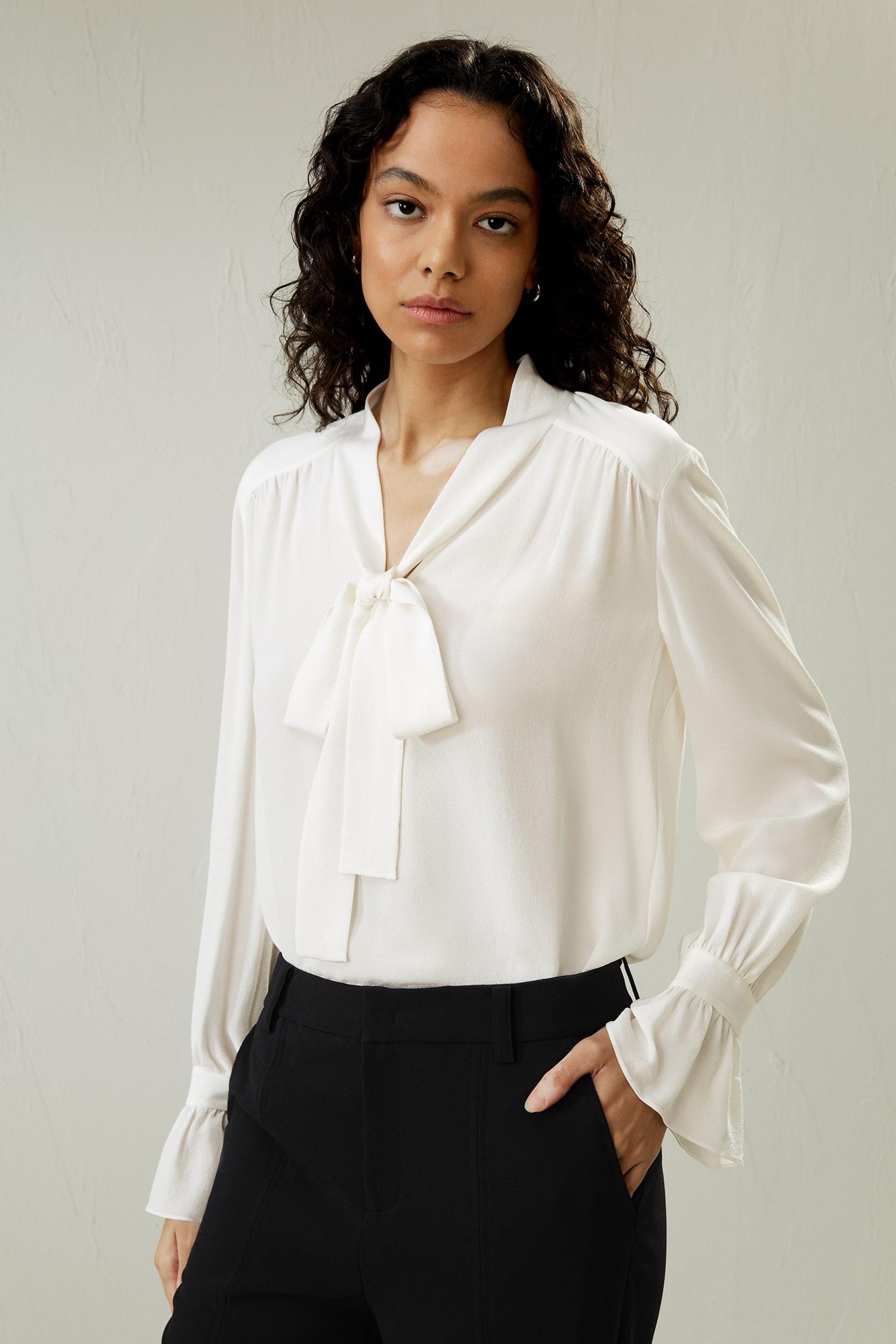 Silk V-neck Ribbon Blouse Product Image