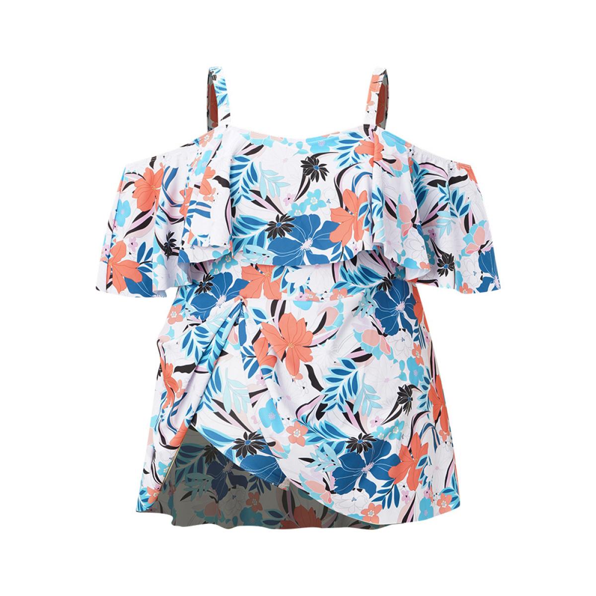 Plus Size Tropical Adjustable Straps Cold Shoulder Ruffles Trim Swim Dress Women's Swimwear Multicolor Resort Bodycon One-shoulder neck High stretch Curve Swim Dresses BloomChic 22-24/3X Product Image