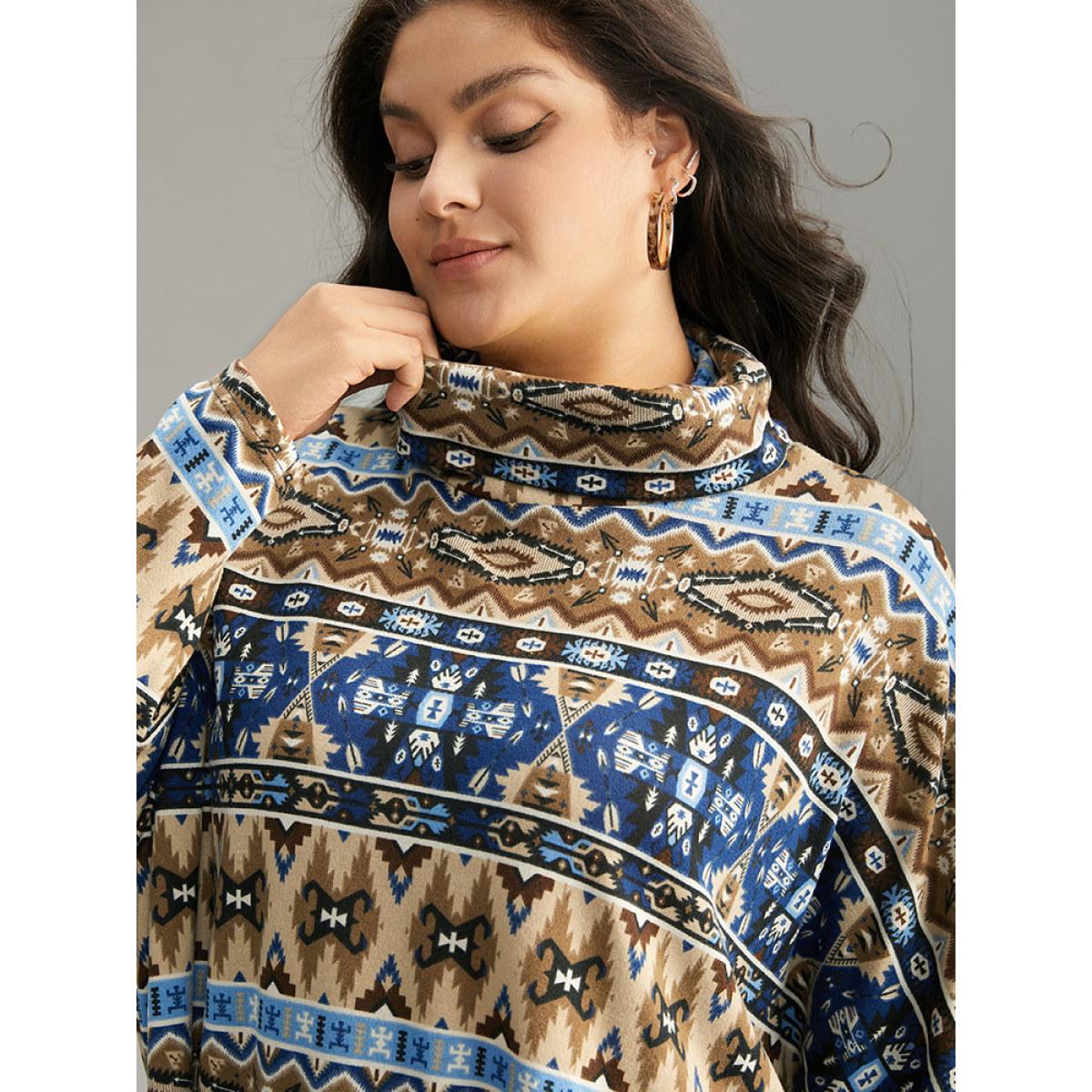 Plus Size Bandana Print Turtleneck Split Hem T-shirt Indigo Women Casual Printed Bohemian Print Turtleneck Dailywear T-shirts BloomChic 14-16/1X Product Image
