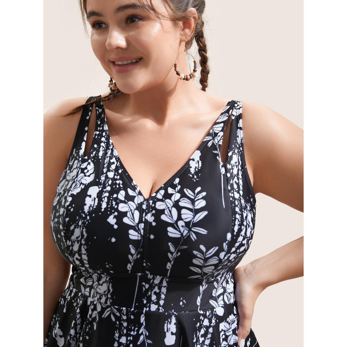 Plus Size Plants Print Adjustable Straps Cut Out Swim Dress Women's Swimwear Black Beach Bodycon V-neck High stretch Curve Swim Dresses BloomChic 28/5X Product Image