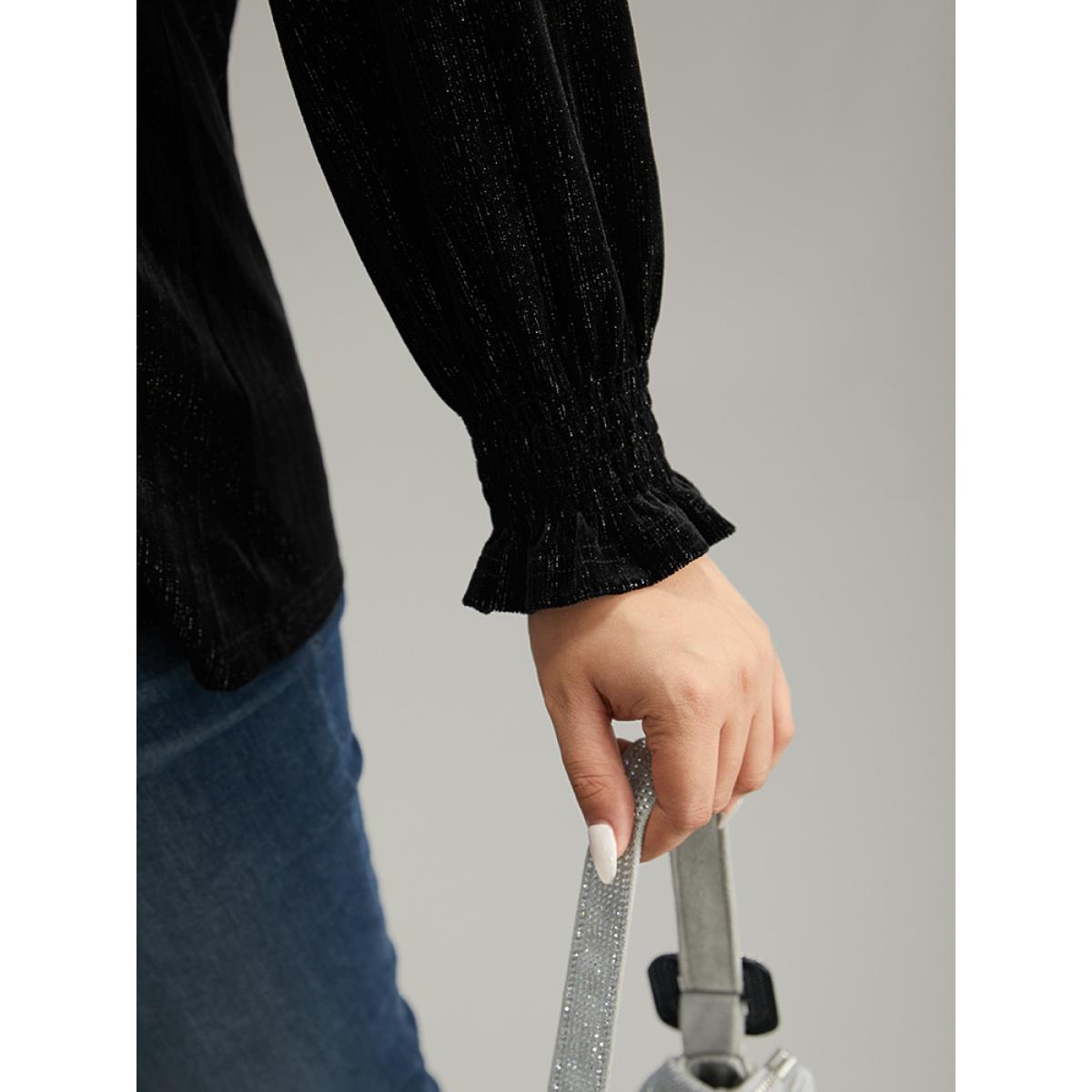 Plus Size Black Solid Velvet Glitter Shirred Ruffles Blouse Women Glamour Long Sleeve V-neck Going out Blouses BloomChic 22-24/3X Product Image