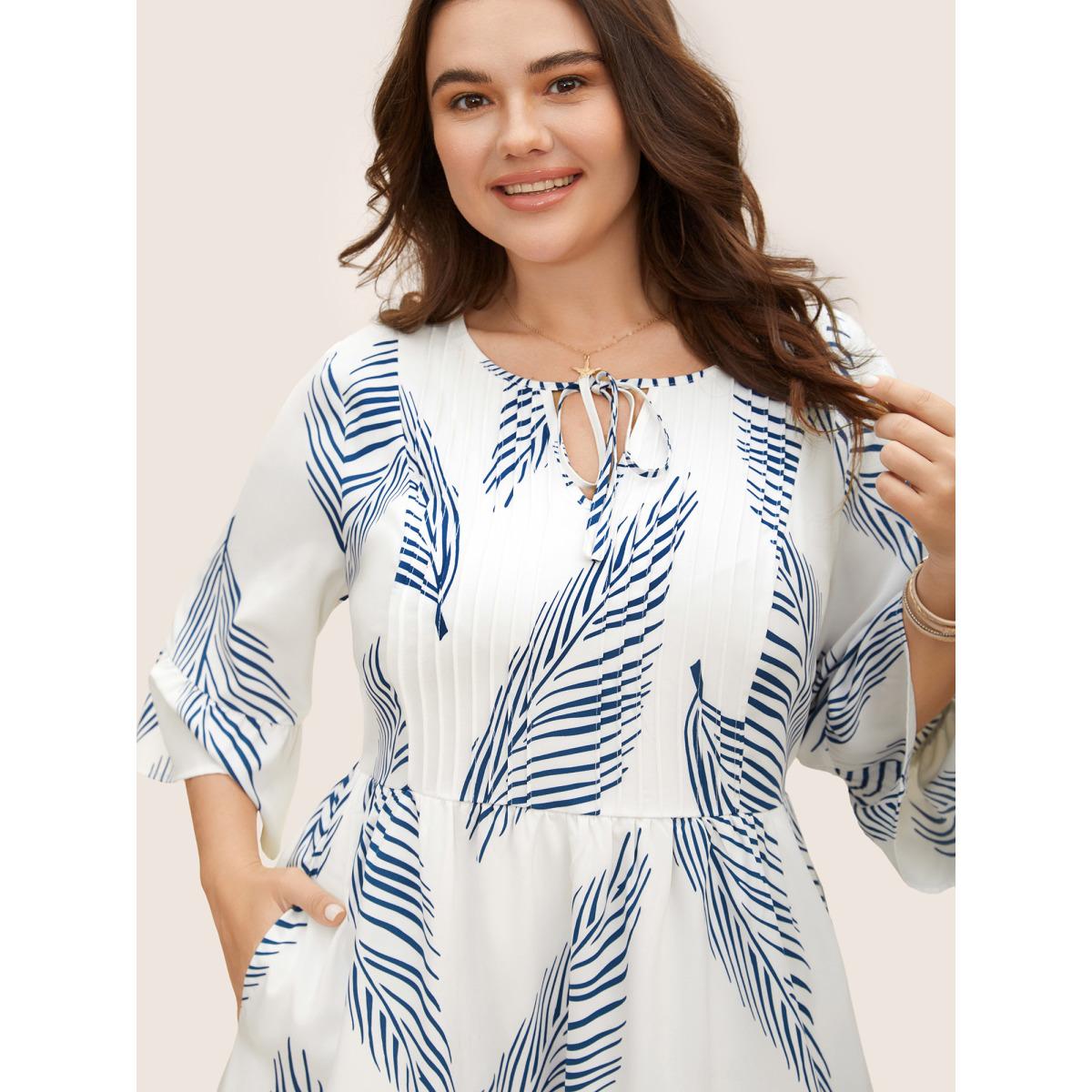 Plus Size Tropical Print Tucked Seam Tie Knot Dress Originalwhite Women Resort Tucked seam V-neck Elbow-length sleeve Curvy BloomChic 10/M Product Image