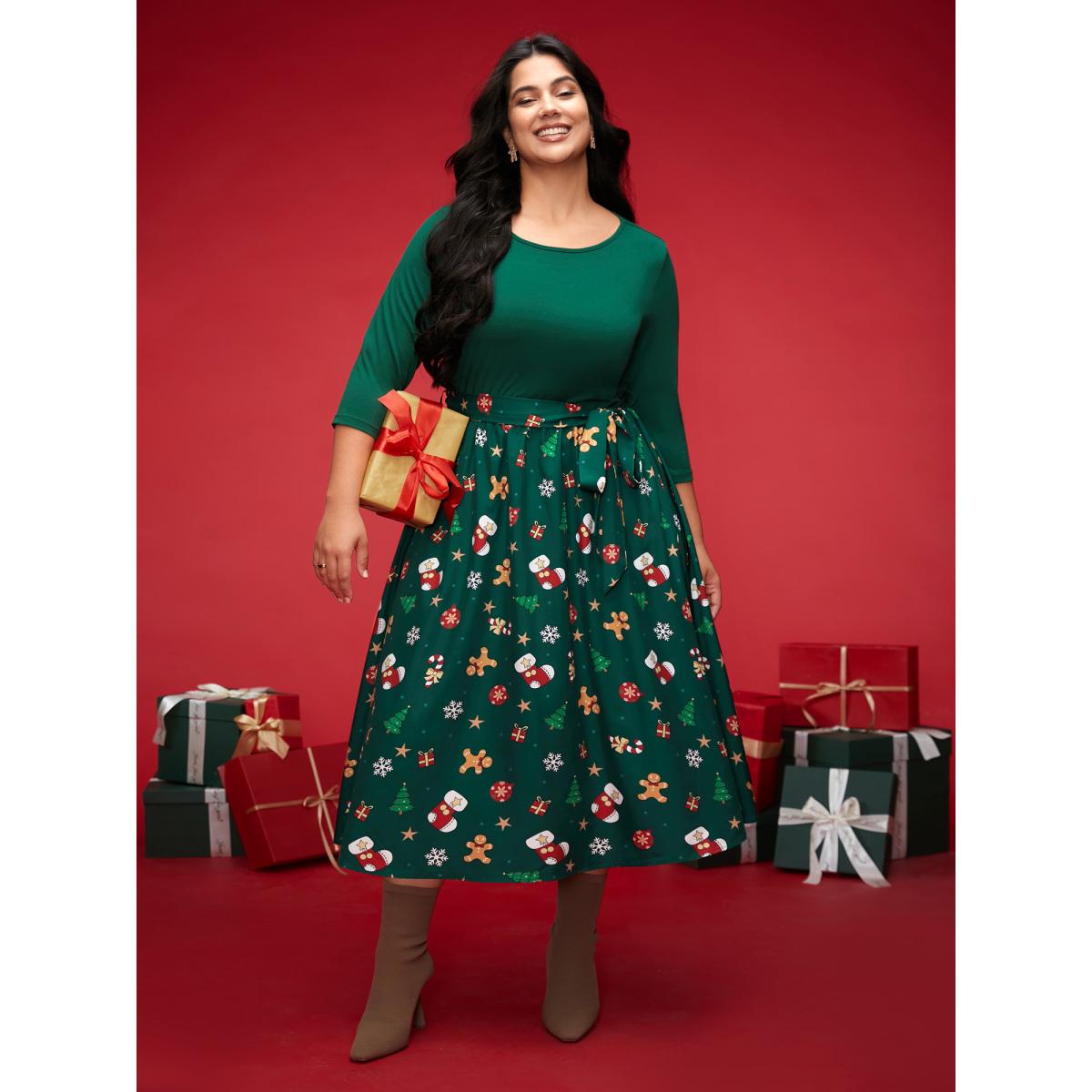 Plus Size Holiday Everything Printed Skirt Fit-and-Flare Midi Dress DarkGreen Women Elegant Belted Round Neck Elbow-length sleeve Curvy BloomChic 14-16/1X Product Image