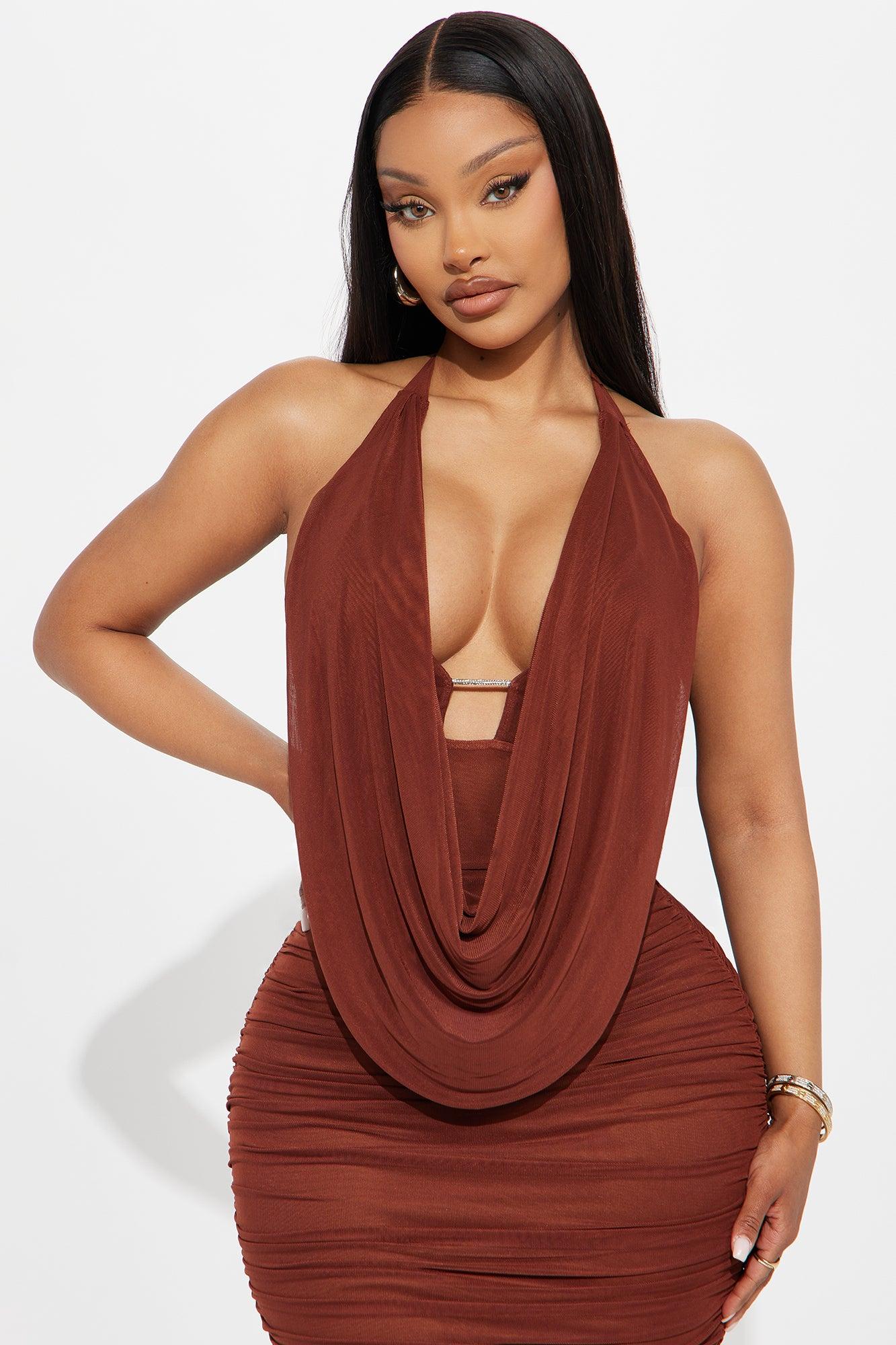 Julia Ruched Mesh Maxi Dress - Brown Product Image