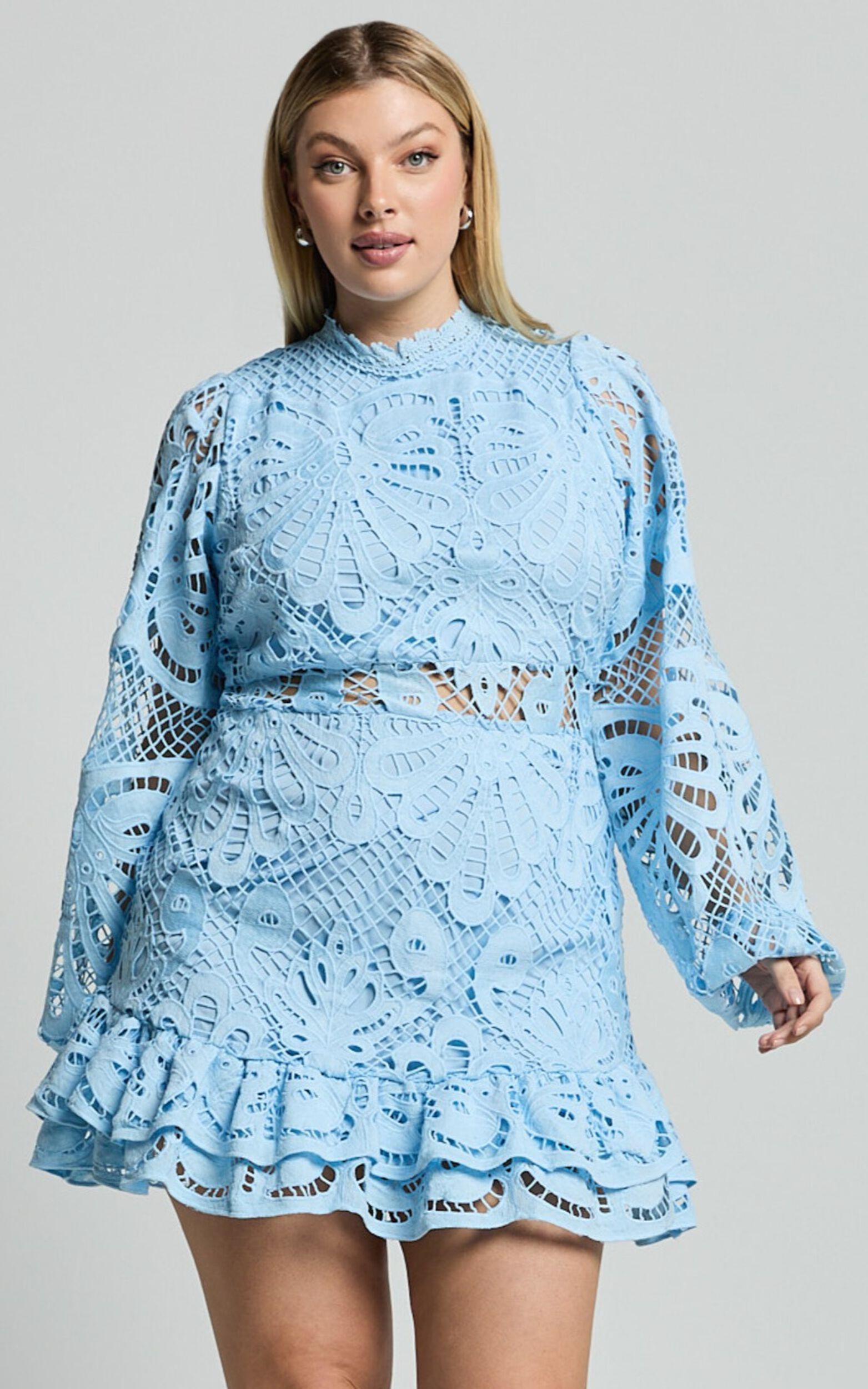 Kiss Me Now Mini Dress - Long Puff Sleeve Dress in Soft Blue Product Image