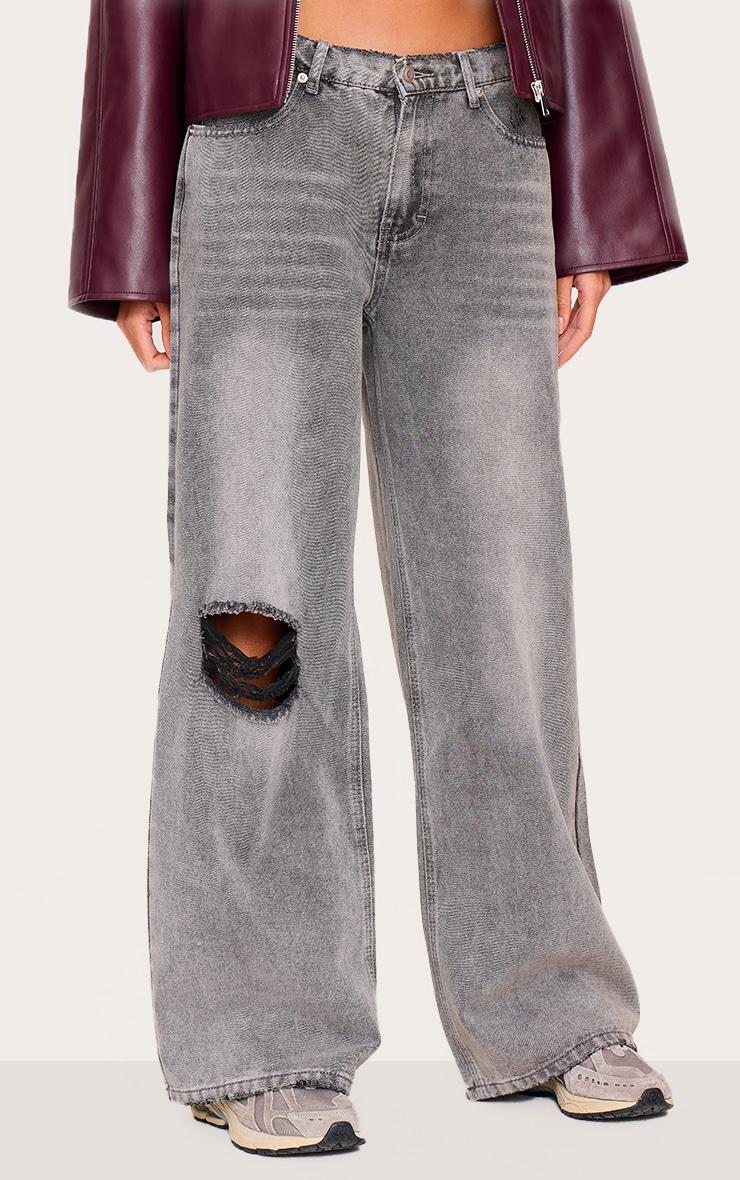 Grey Ripped Knee Frayed Hem Boyfriend Jeans Product Image