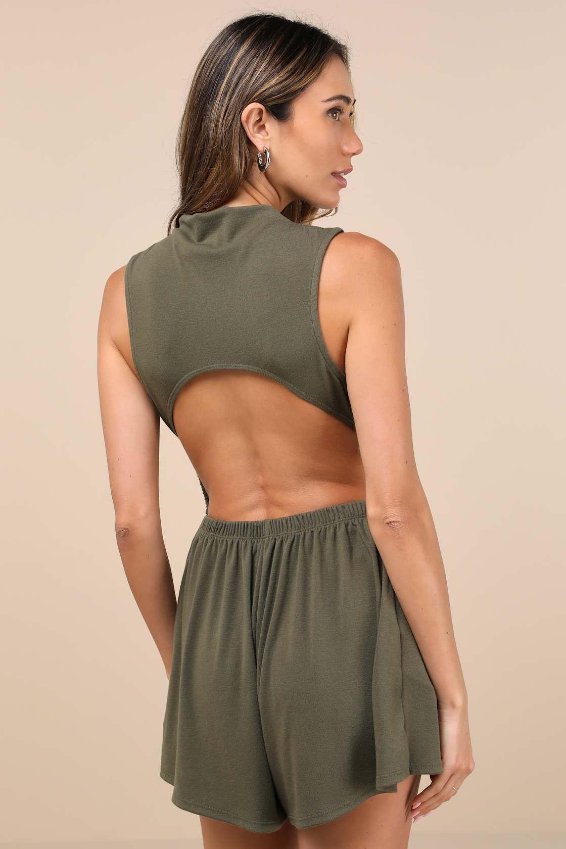 Perfectly Easygoing Olive Green Funnel Neck Cutout Lounge Romper Product Image
