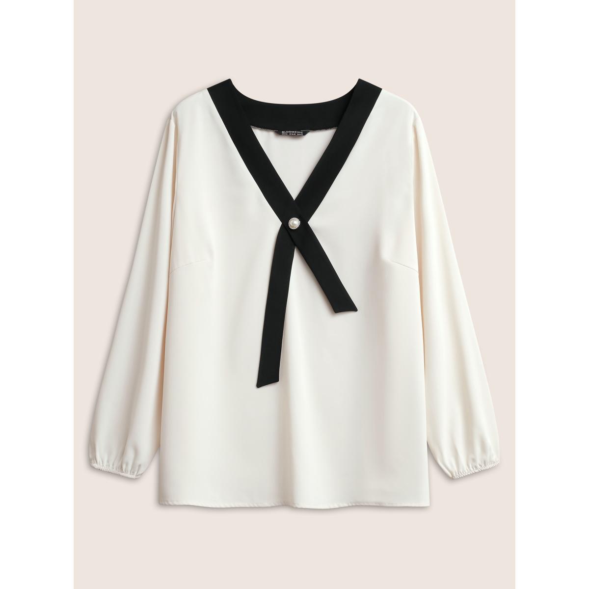 Plus Size Ivory Contrast Pearl Decor Tie Decoration Blouse Women At the Office Long Sleeve V-neck Work Blouses BloomChic 18-20/2X Product Image