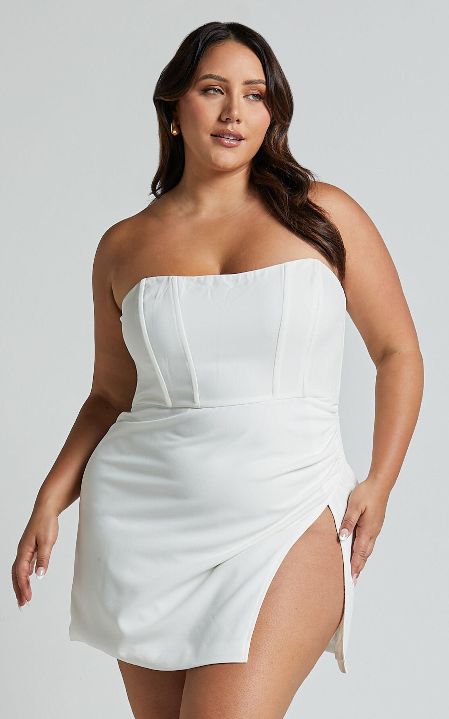 Bonne Mini Dress - Strapless Corset Side Split Dress in White Product Image
