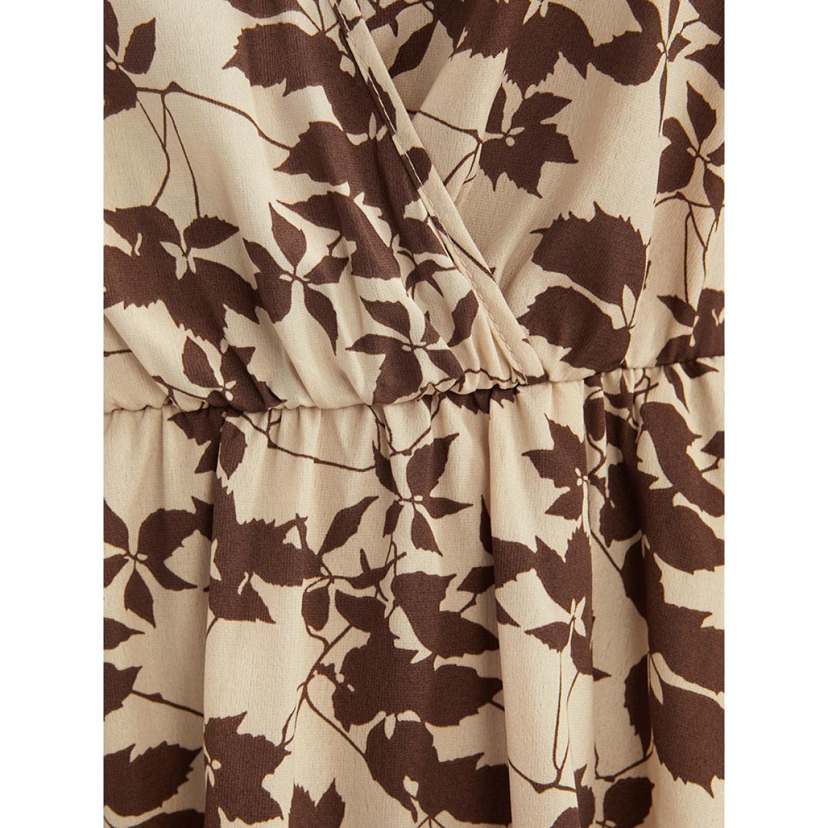 Plus Size Plant Print Pocket Lantern Sleeve Split Midi Dress Tan Women Elegant Pocket V-neck Long Sleeve Curvy Midi Dress BloomChic 14-16/1X Product Image