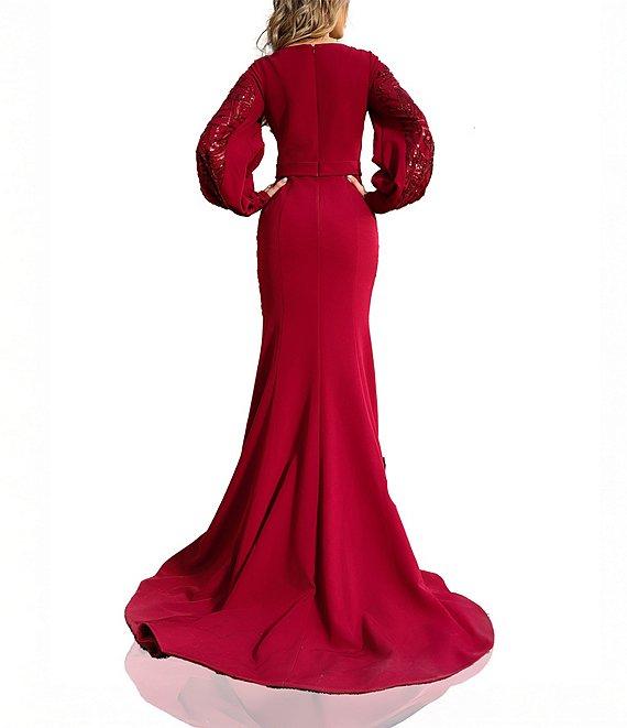 Terani Couture Belted V-Neck Long Bishop Sleeves Sequined Two Way Stretch Satin Mermaid Gown Product Image