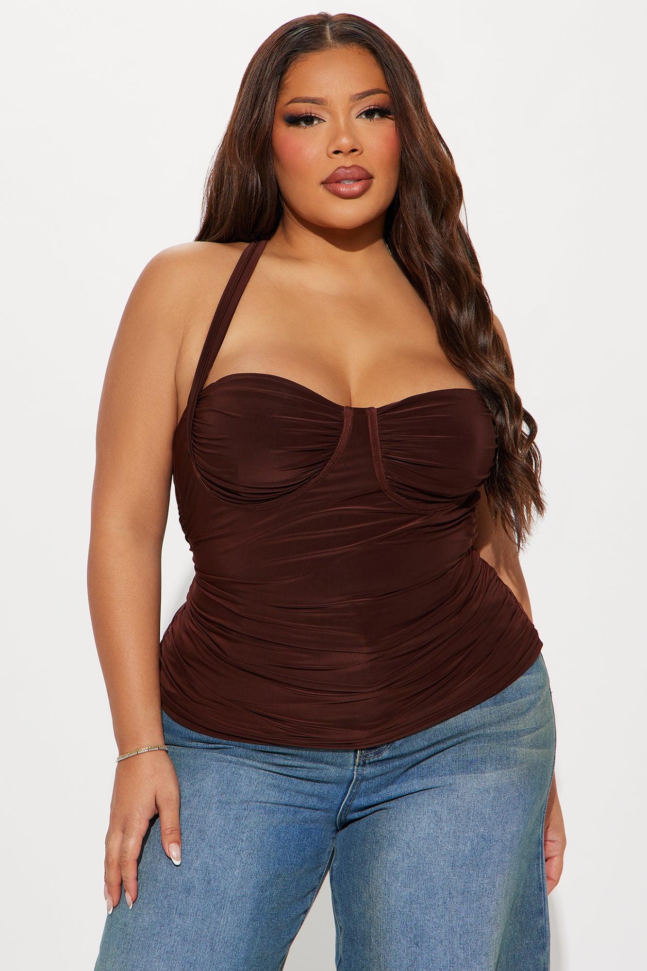 Just A Feeling Ruched Halter Top - Chocolate Product Image