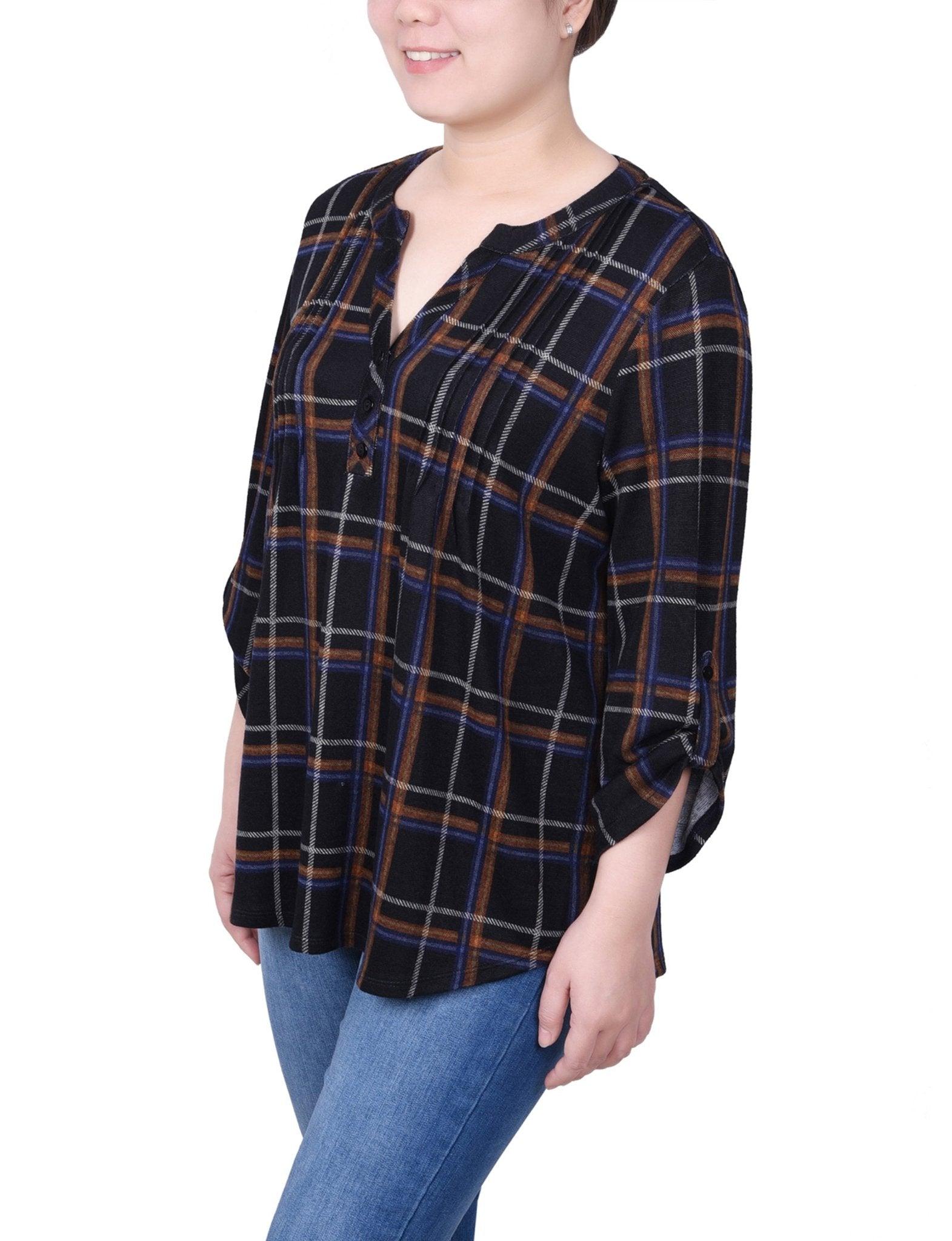 Black Ivory Plaid 3/4 Length Pearl Detail Dress Product Image