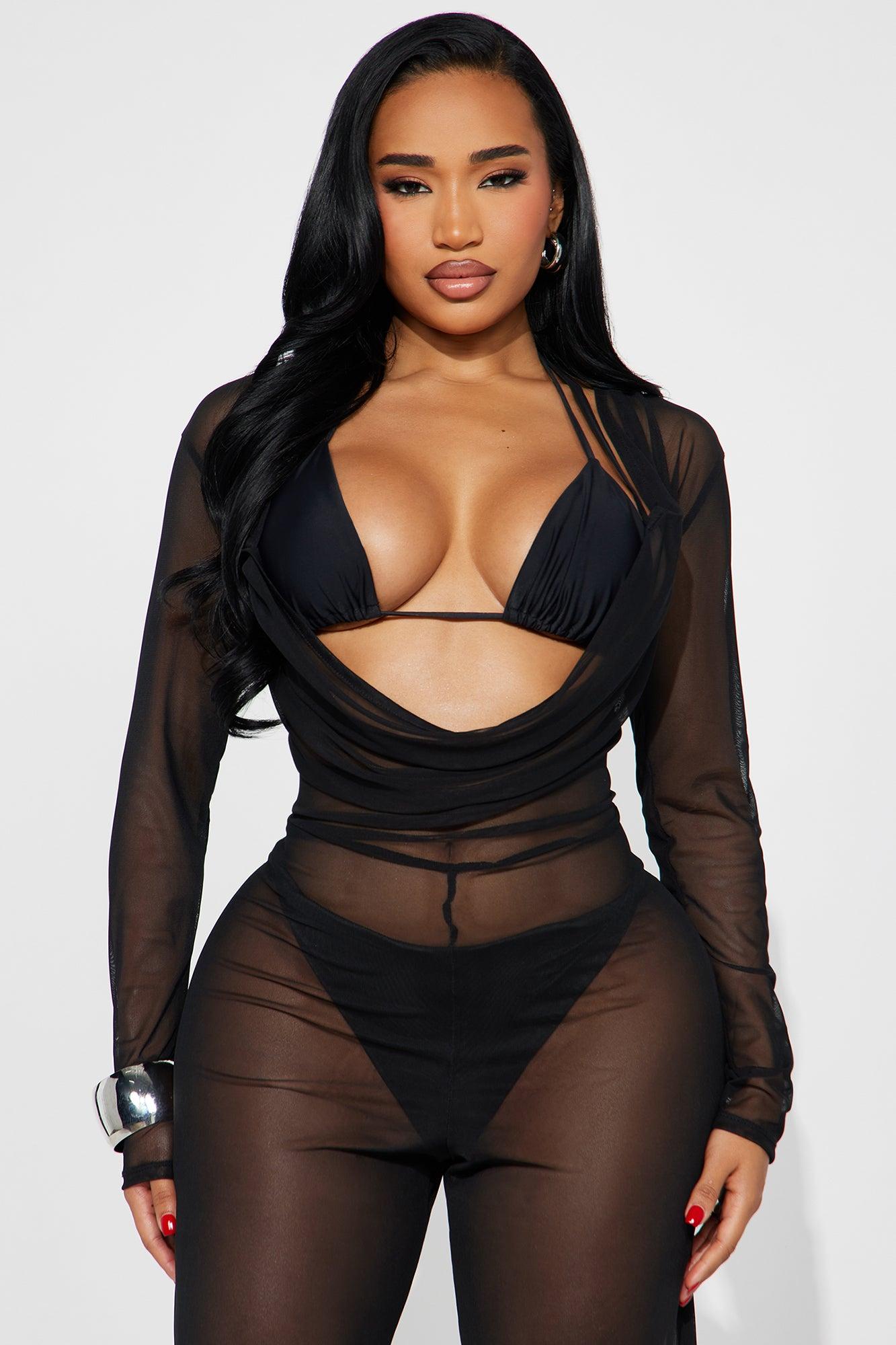 Beach Club Chic Cowl Neck Mesh Cover Up Jumpsuit - Black Female Product Image