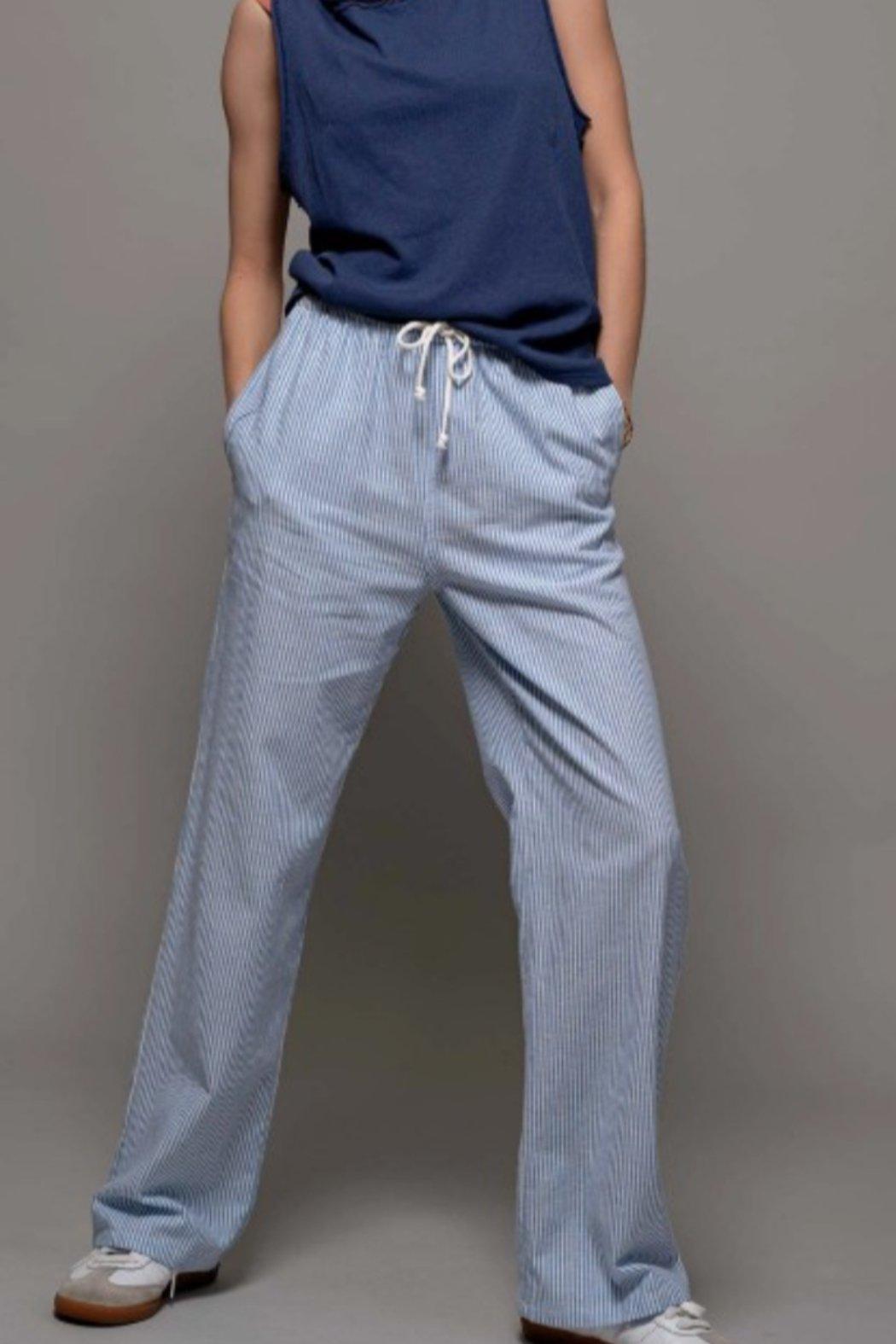 Pinstripe Drawstring Wide Leg Lounge Pants Product Image