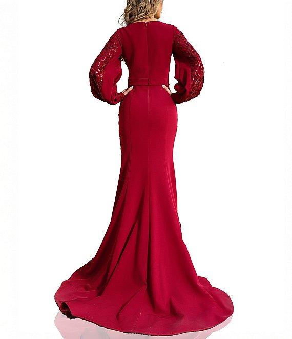 Terani Couture Belted V-Neck Long Bishop Sleeves Sequined Two Way Stretch Satin Mermaid Gown Product Image