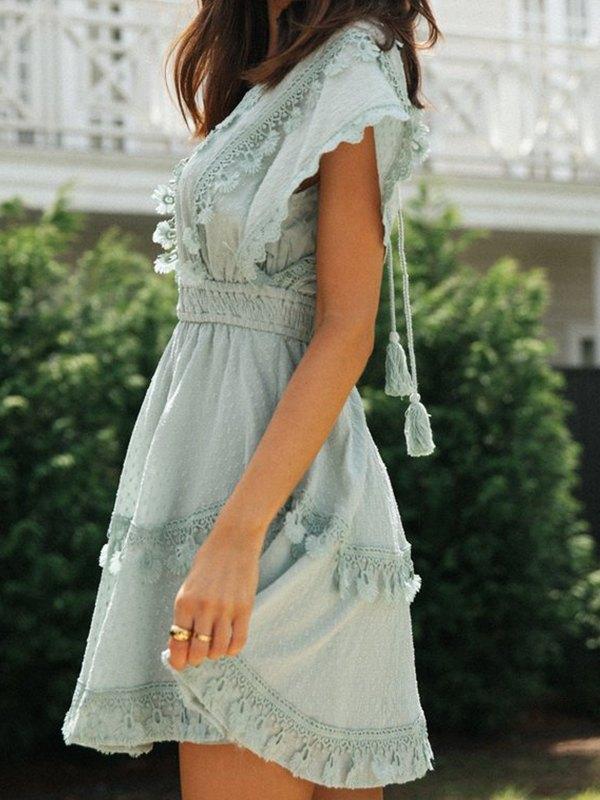 V Neck Lace Trim Dress Product Image
