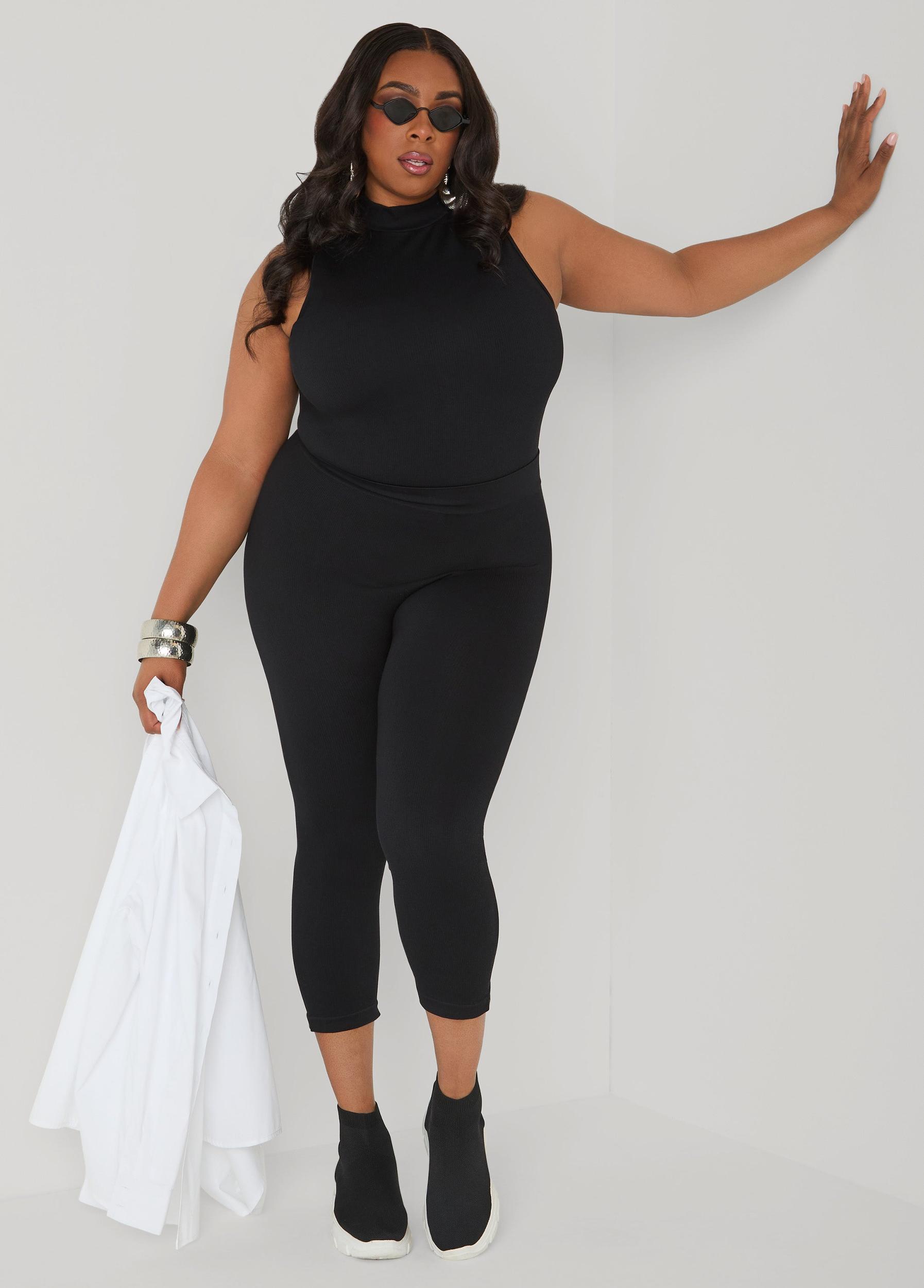 Ribbed Mock Neck Top And Capri Set Product Image