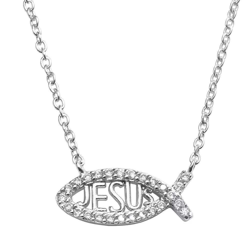 Sophie Miller Sterling Silver Cubic Zirconia "Jesus" Fish Necklace, Women's, Size: 16", White Product Image