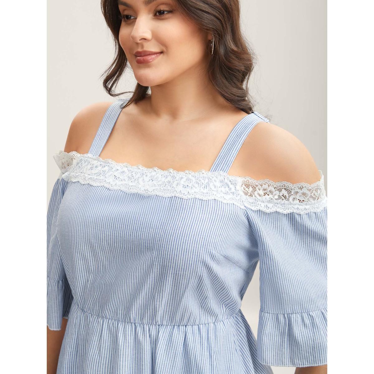 Plus Size Striped Cold Shoulder Lace Midi Dress LightBlue Women One-shoulder neck Short sleeve Curvy BloomChic 14-16/1X Product Image