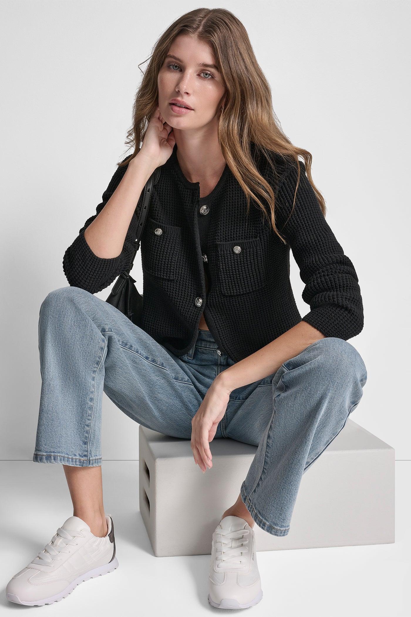 TUCK STITCH CREW NECK CARDIGAN Product Image