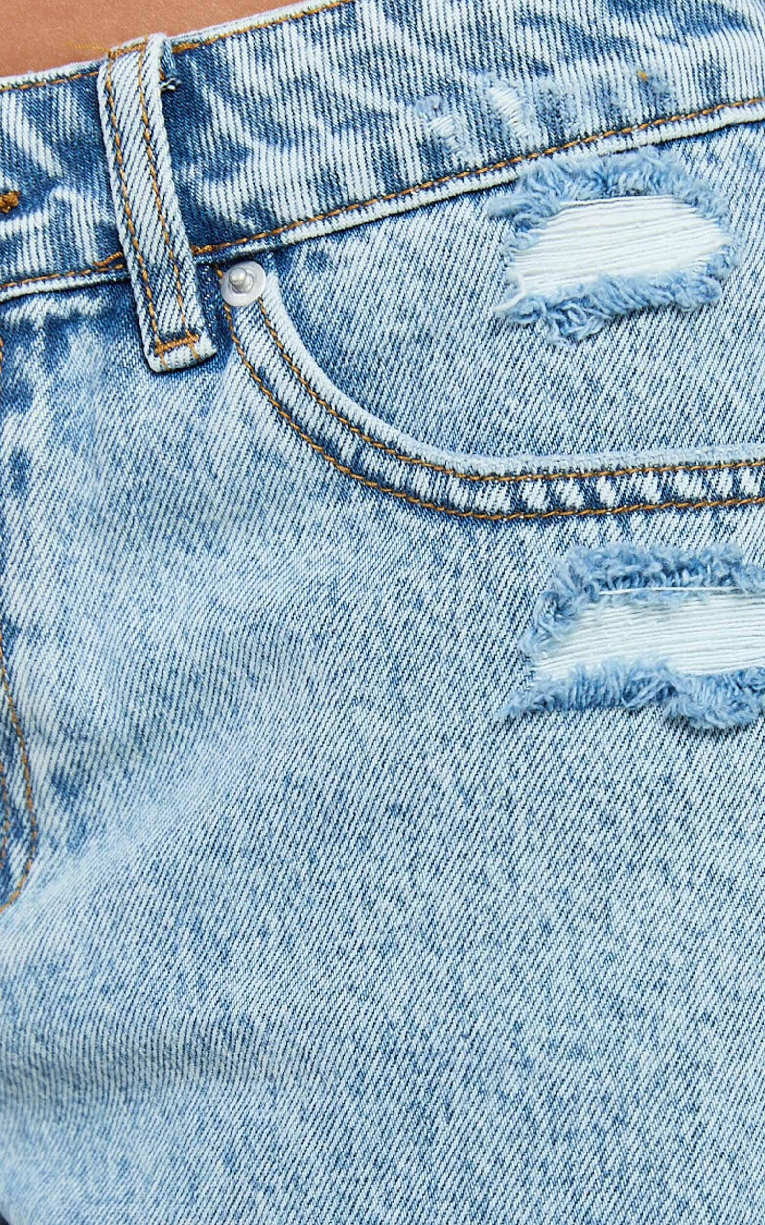 Camille Shorts - Low Rise Recycled Denim Distressed Mini Shorts in Light Blue Wash Product Image