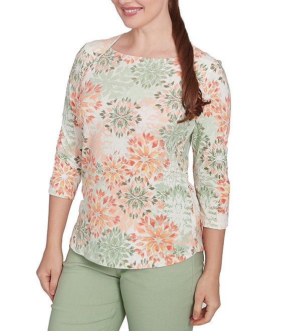 Ruby Rd.Stretch Cotton Jersey Floral Envelope Neck 3/4 Sleeve Top Product Image