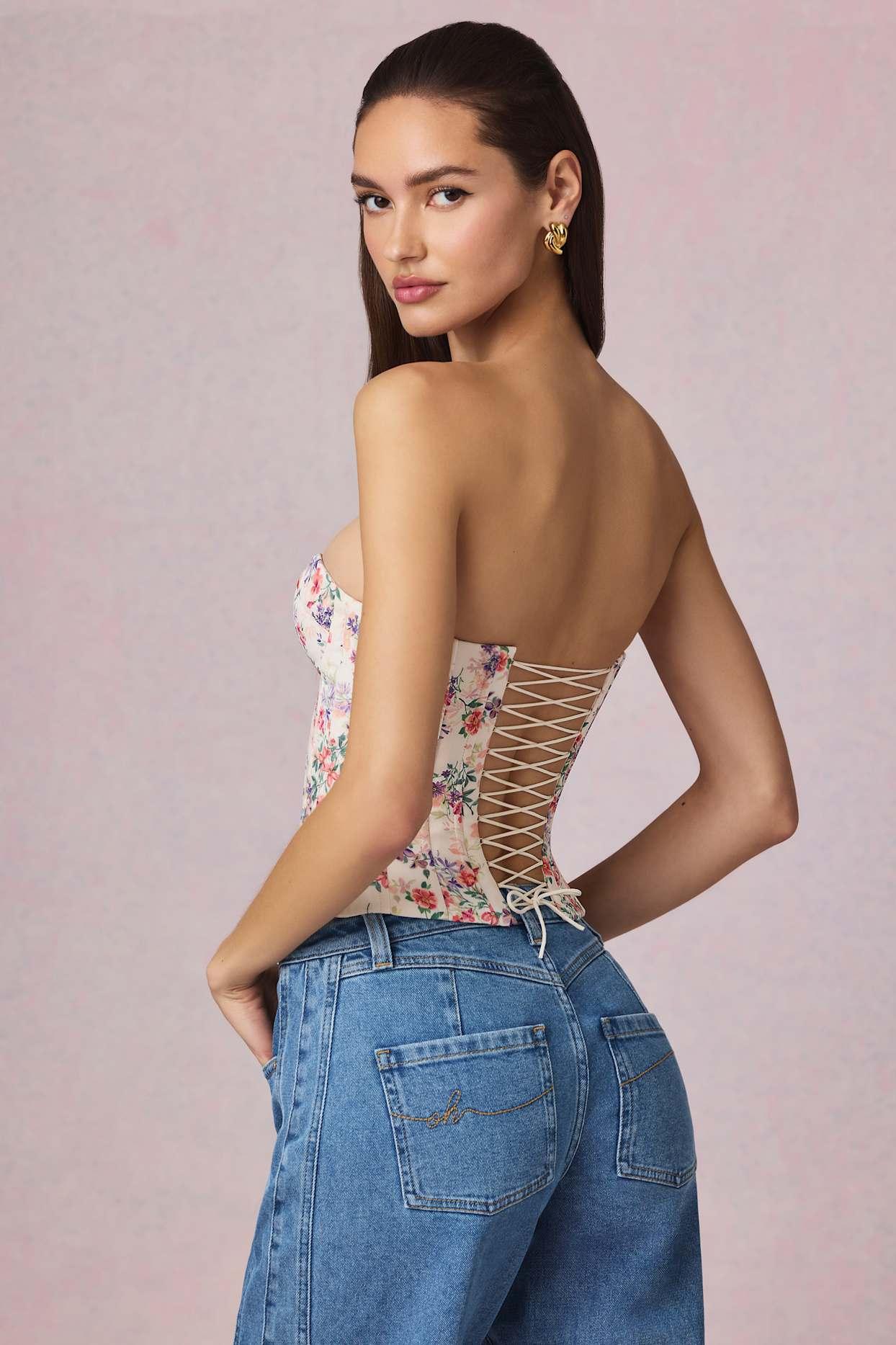 Full-Length Lace-Up Corset Top in Primrose Floral Print Product Image