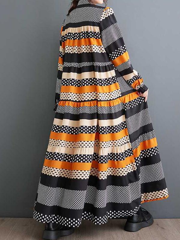 A-Line Long Sleeves Buttoned Polka-Dot Split-Joint Round-Neck Midi Dresses Product Image