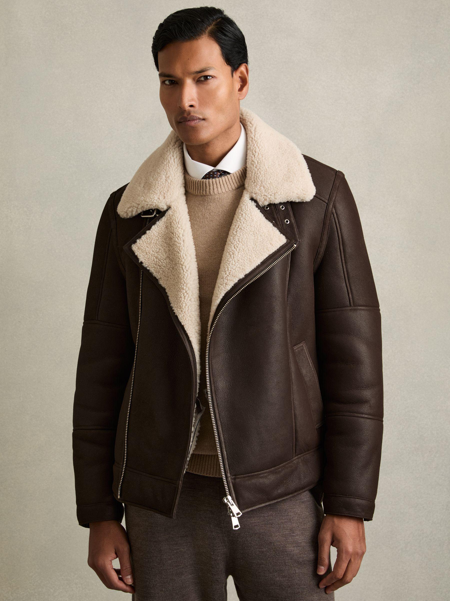 Shearling Lined Leather Aviator Jacket in Dark Brown Product Image