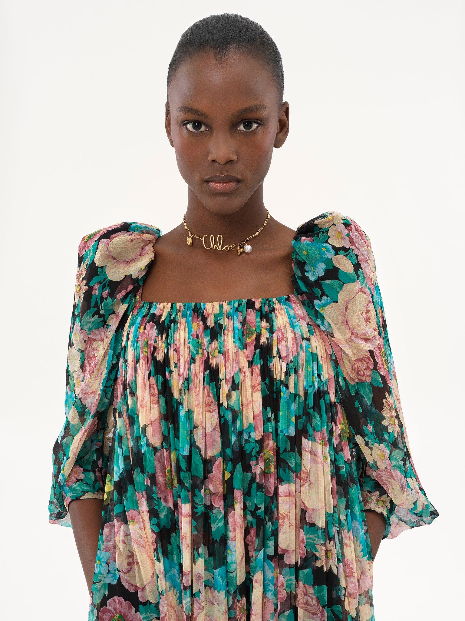 Puff-sleeve long dress in silk mousseline Product Image