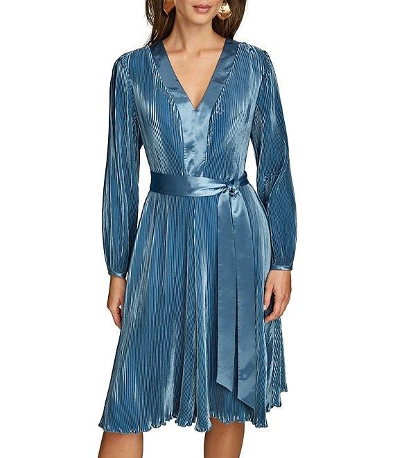 Donna Karan Satin V-Neck Long Sleeve Tie Sash Sheath Dress Product Image
