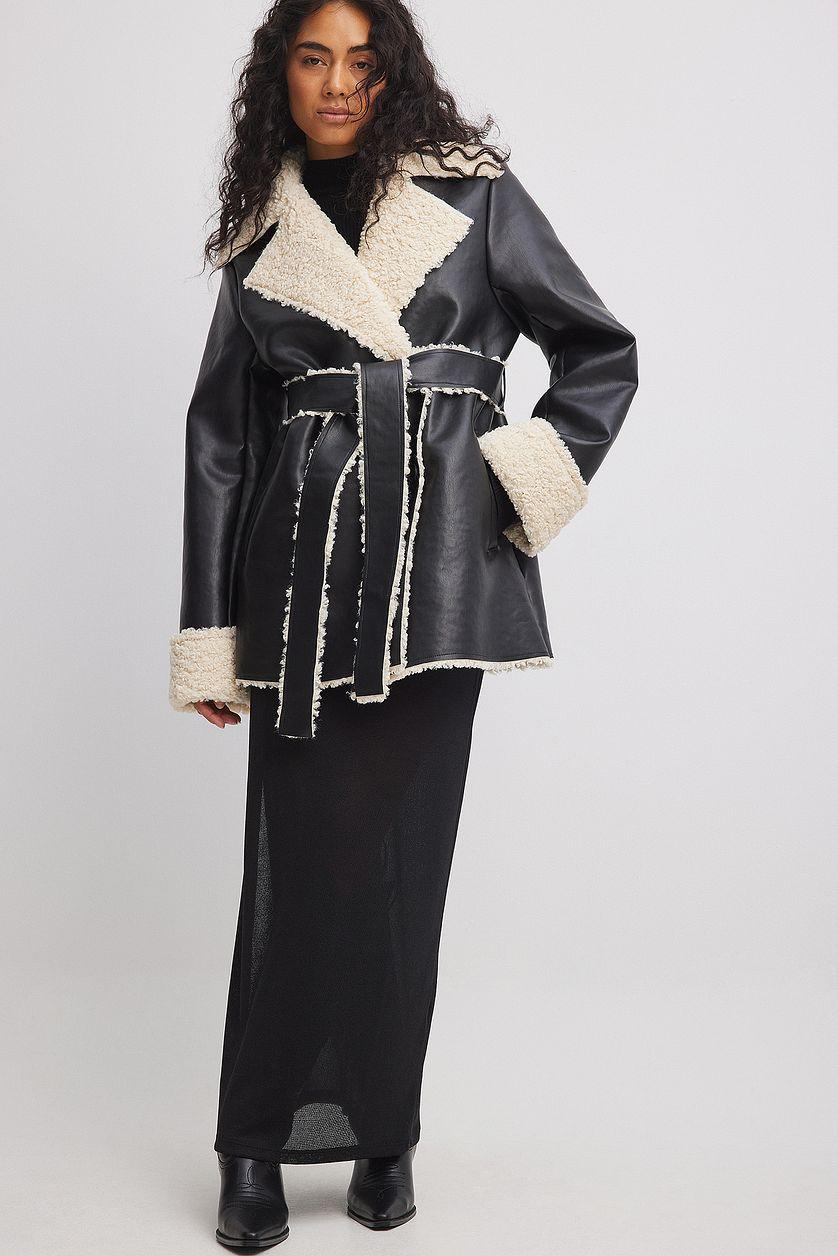 Short Teddy Detail Pu Coat Product Image