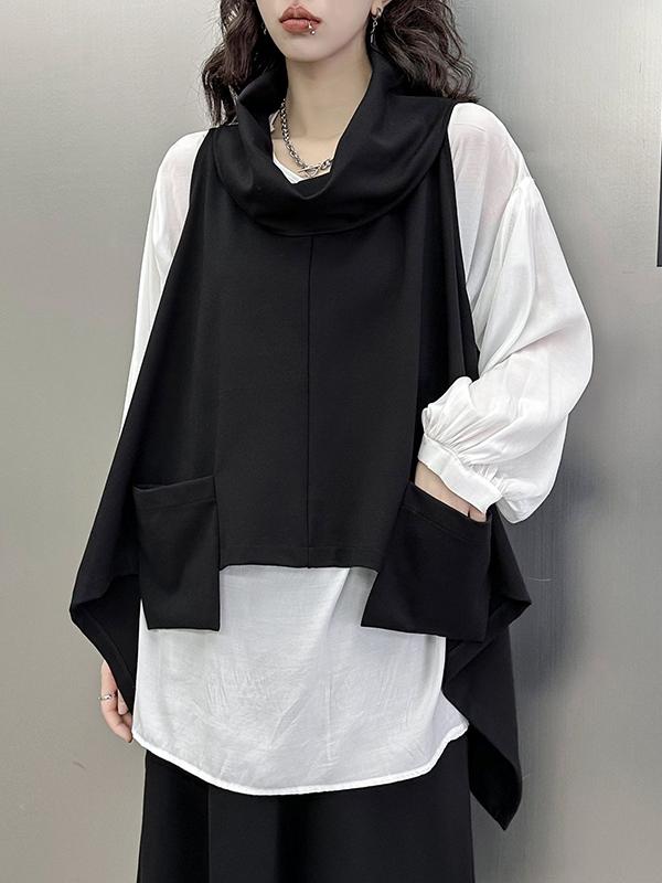 High-Low Irregular Clipping Hooded Solid Color Heaps Collar Vest Top Product Image