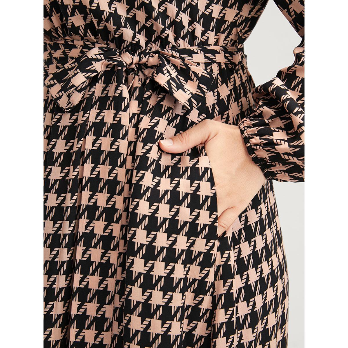 Plus Size Houndstooth V Neck Lantern Sleeve Pocket Belted Ruffles Dress Multicolor Women Elegant Elastic Waist V-neck Long Sleeve Curvy Midi Dress BloomChic 14-16/1X Product Image