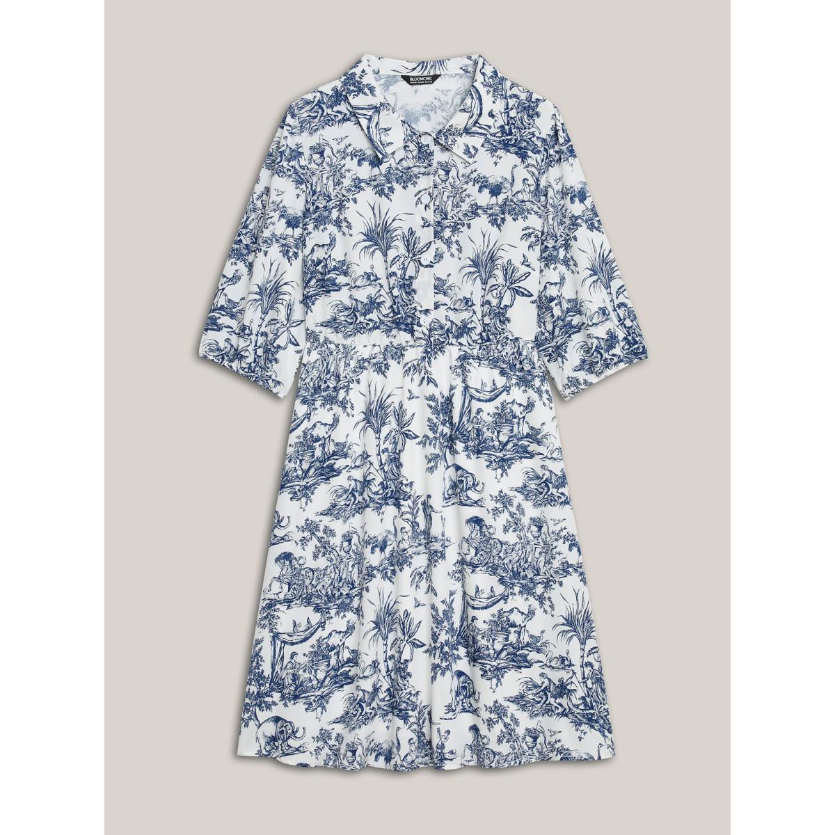 Plus Size Animal Print Button Pockets Midi Dress DarkBlue Women Elegant Shirt collar Half Sleeve Curvy BloomChic 14-16/1X Product Image