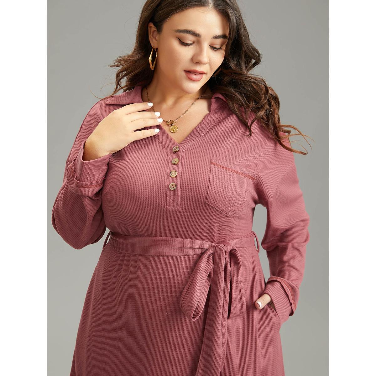 Plus Size Waffle Knit Belted Lapel Collar Pocket Dress Rouge Women Casual Waffle Knit Lapel Collar Long Sleeve Curvy Midi Dress BloomChic 22-24/3X Product Image