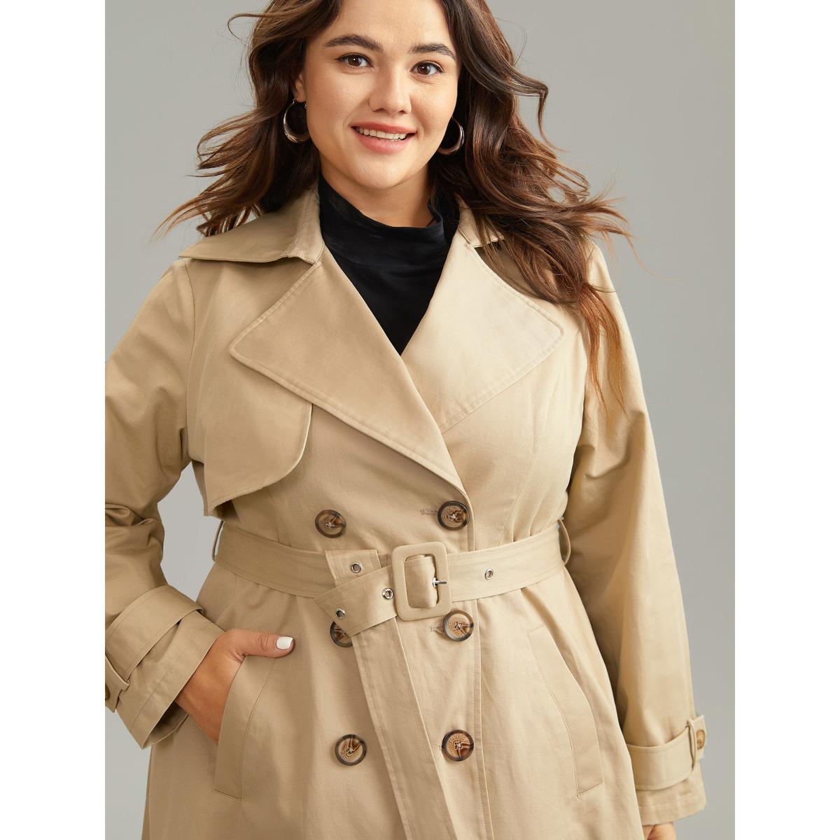 Plus Size Lapel Collar Belted Buckle Detail Double Breasted Coat Women Apricot Casual Lined Ladies Dailywear Winter Coats BloomChic 14-16/1X Product Image