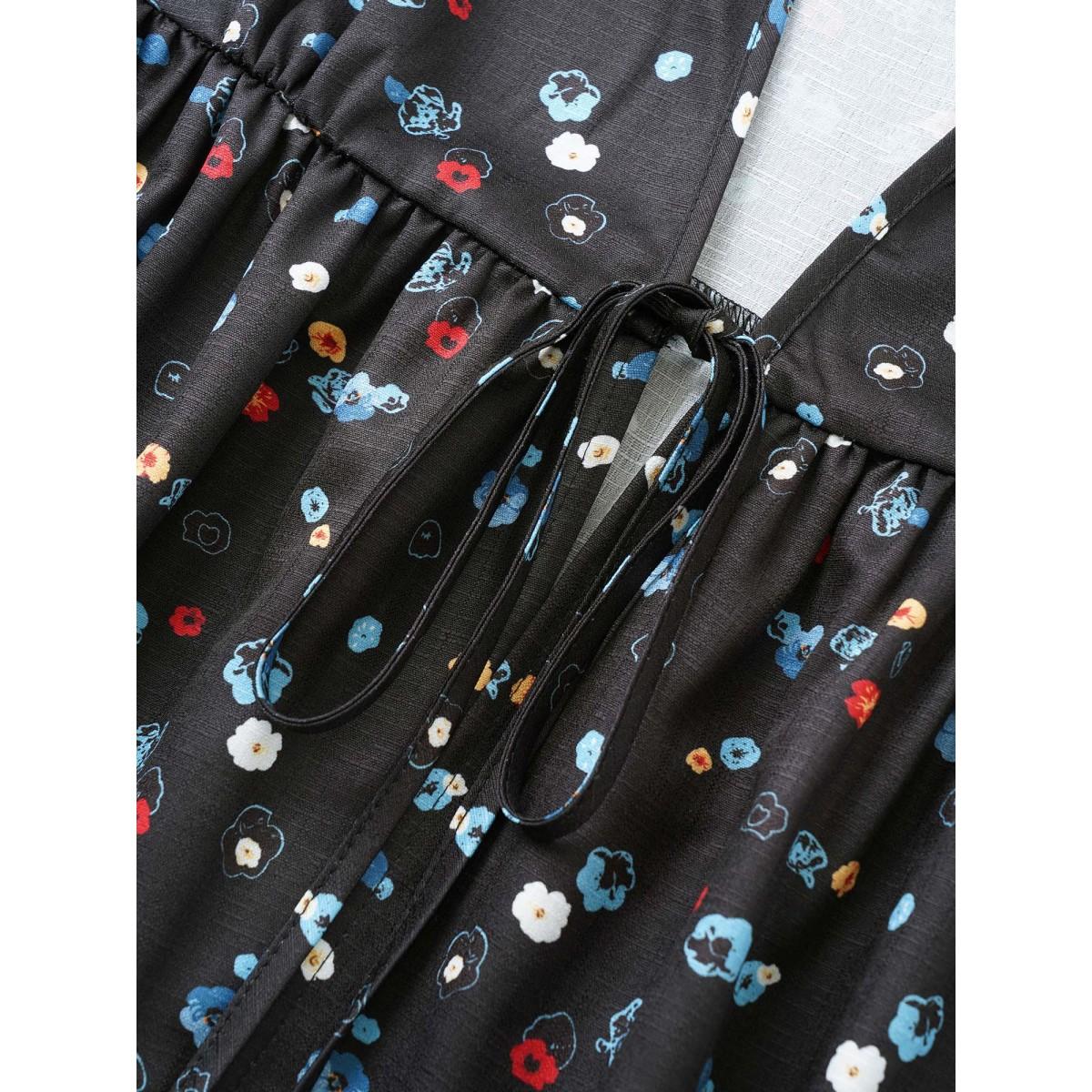 Plus Size Ombre Boho Print Ties Gathered Kimono Women BlackFlower Resort Gathered Vacation Kimonos BloomChic 26/4X Product Image