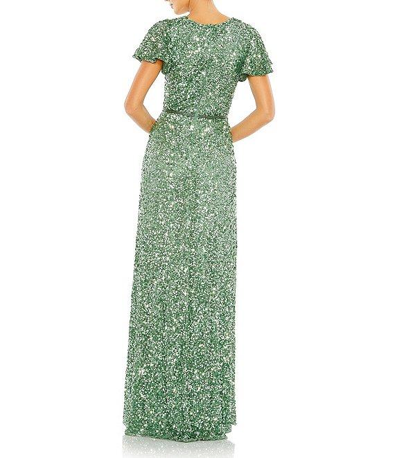 Mac Duggal Sequined Wrap Over Butterfly Sleeve Draped Gown Product Image
