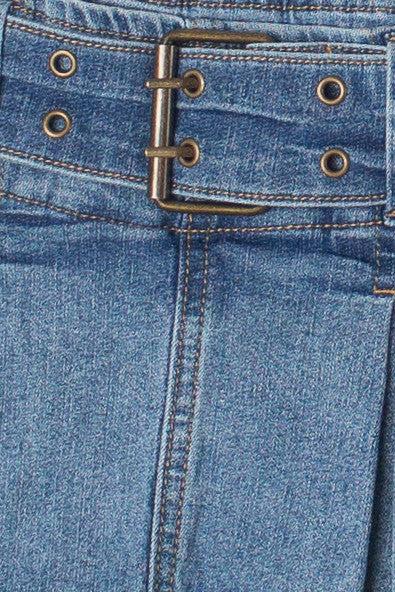 Low Rise Pleated Belted Denim Mini Skort Product Image
