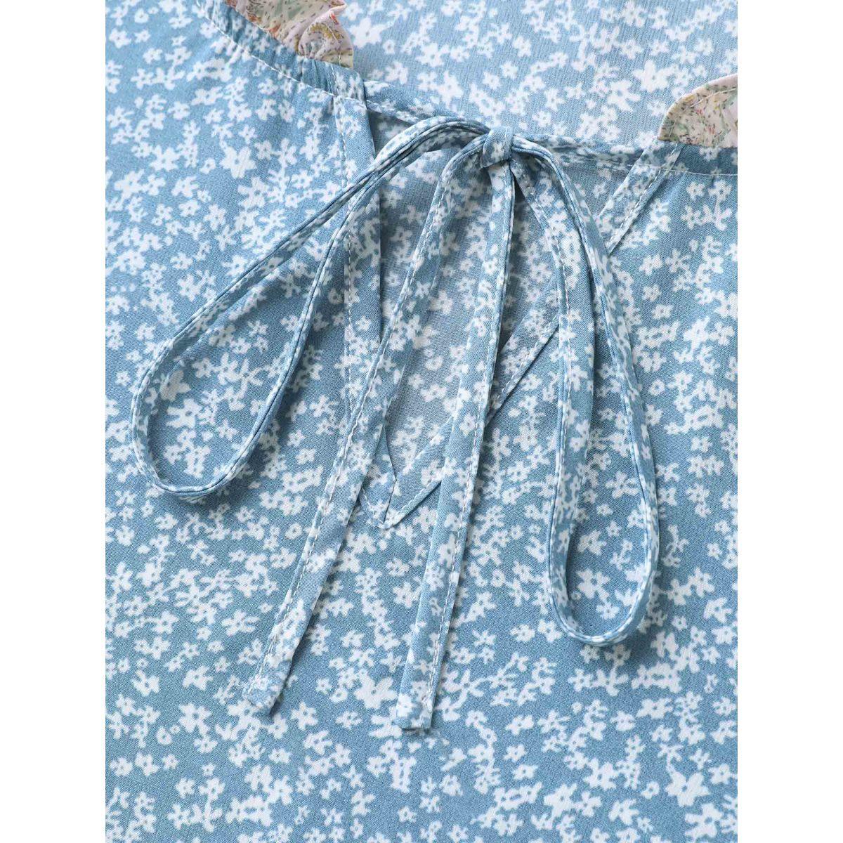 Plus Size LightBlue Ruffled Neck Tie Floral Print Blouse Women Short sleeve Notched collar Everyday-Elegant Blouses BloomChic 18-20/2X Product Image