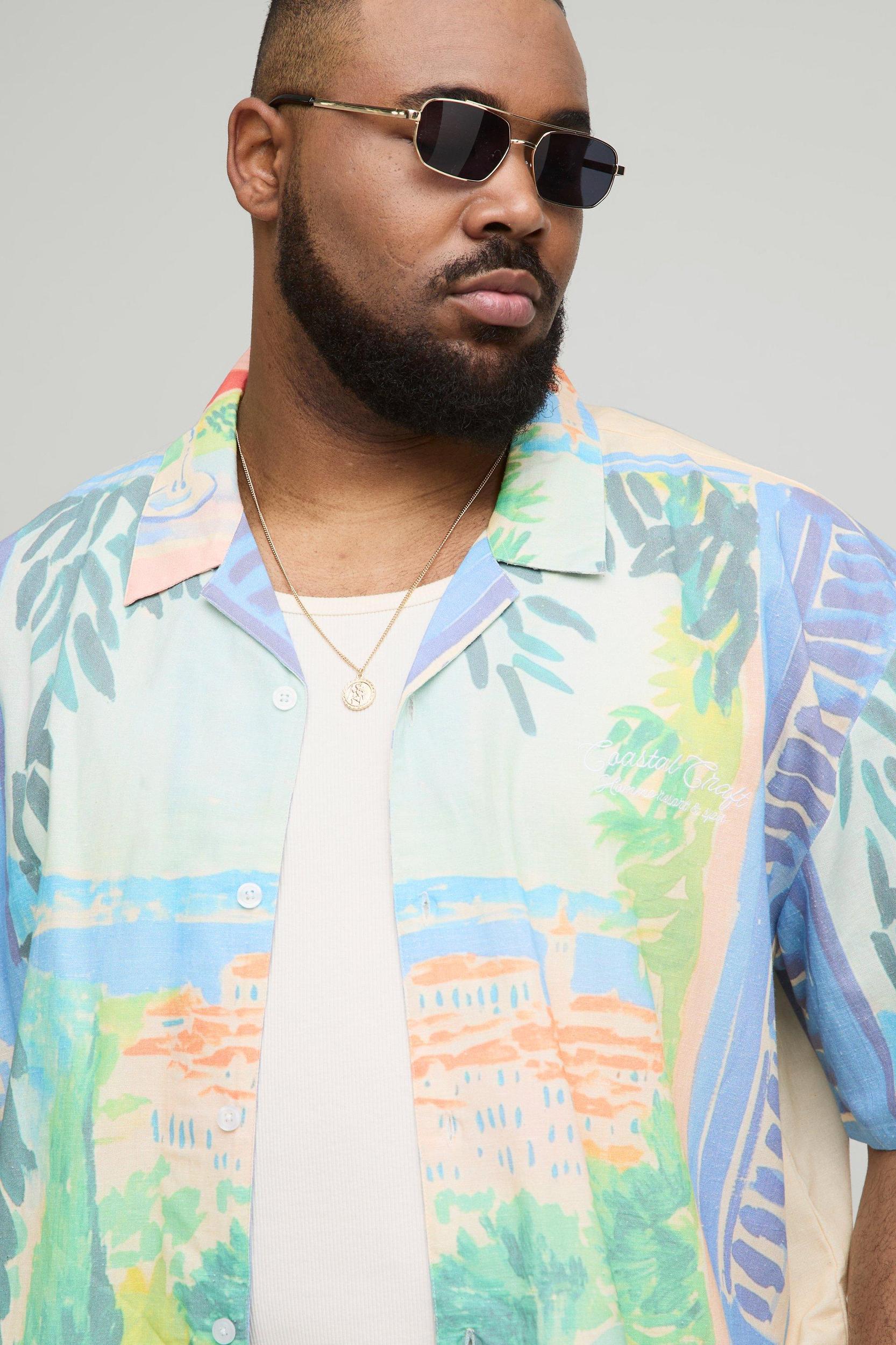 Plus Oversized Scenic Graphic Linen Blend Shirt | boohooMAN USA Product Image